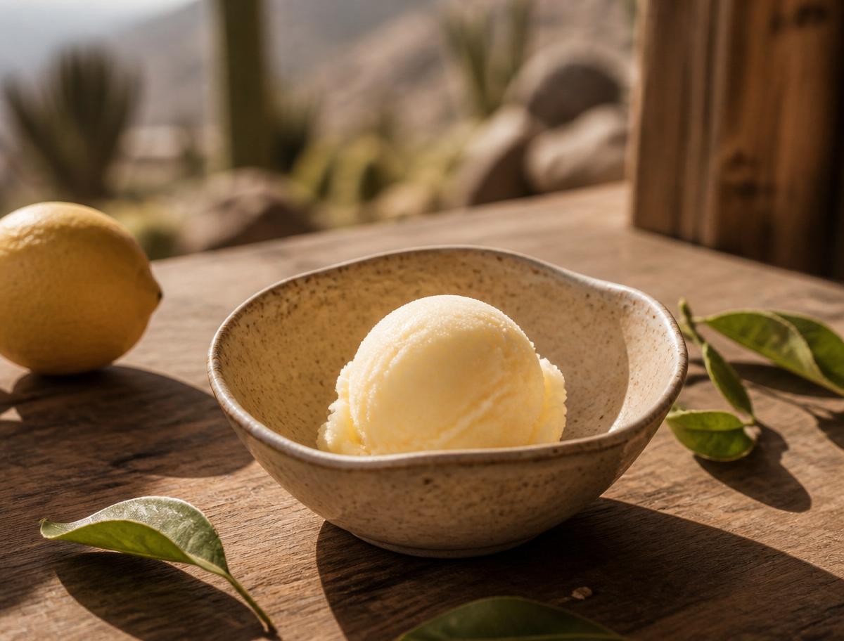 Helado artesanal Gloriosa servido con frutos del norte de Chile